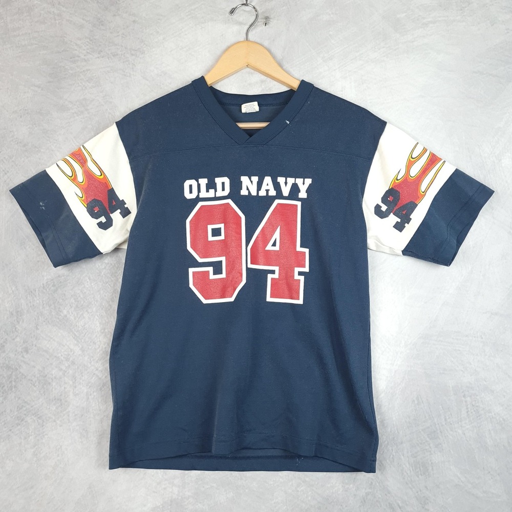 Vintage Old Navy Shirt Boys 14 Blue Flame Sleeve 94 Graphic Jersey Y2K 2000s